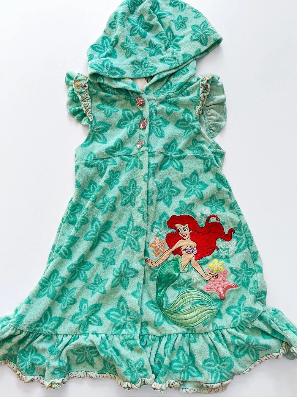Y2K Disney Ariel Terry Cloth Hooded Swim Cover-Up Dress in Green & Pink